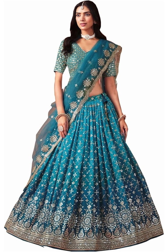 Ramzan Special Party Wear Sewn Heavy Embroidery Worked Lehenga Choli With Net Dupatta ( Greenish Blue, XS - 36 )