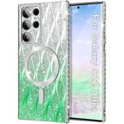 Rancase for Samsung Galaxy S22 Ultra Case,Compatible with Magsafe Luxury Glitter Plating Love Heart with Camera Lens Cover Clear Soft TPU Shockproof Magnetic Phone Case for Women Girls, Green