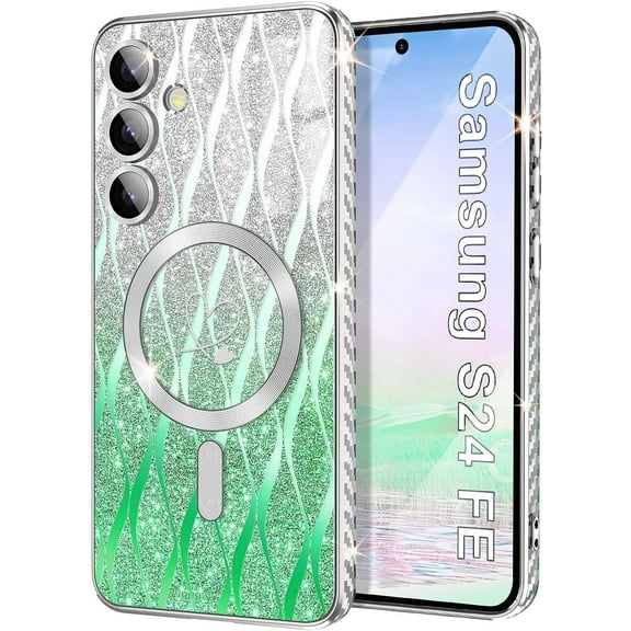 Rancase for Samsung Galaxy S24 FE Case,Compatible with Magsafe Luxury Glitter Plating Love Heart with Camera Lens Cover Clear Soft TPU Shockproof Magnetic Phone Case for Women Girls, Green