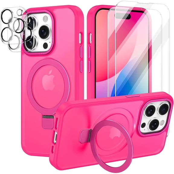 Rancase for iPhone 13 Pro Case,with Magnetic Invisible Stand [Military Drop Protection] [Compatible with MagSafe] Shockproof Slim Translucent Anti-Slip with 2 Screen Protector,Hot Pink