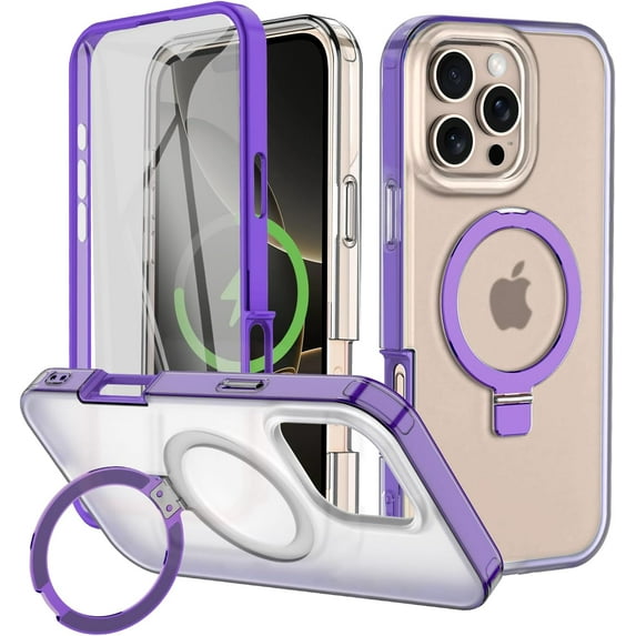 Rancase for iPhone 16 Pro Max Case with Magnetic Invisible Stand - Slim Translucent Design, Built-in Screen Protector, Military-Grade Drop Protection, Shockproof, MagSafe Compatible - Purple