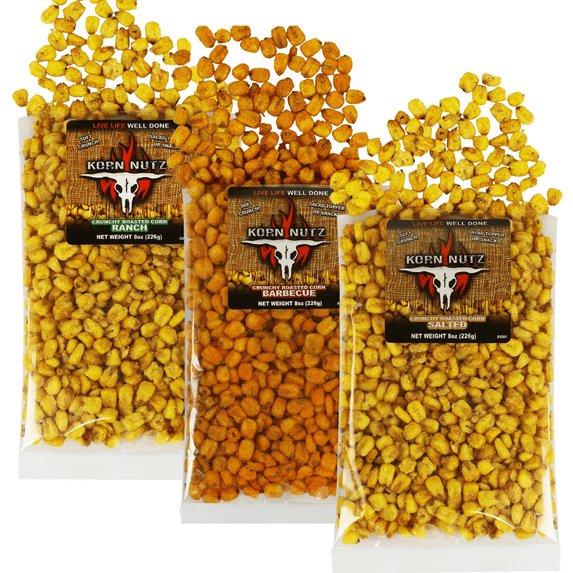Ranch, BBQ, Salted Crunchy Corn Kernels Soft Crunch Toasted Corn Variety Pack Runnin Wild Foods 1.5-pound total (Box of 3 bags, 8oz each) Ranch, BBQ, Salted 1.5 Pound (Pack of 3)
