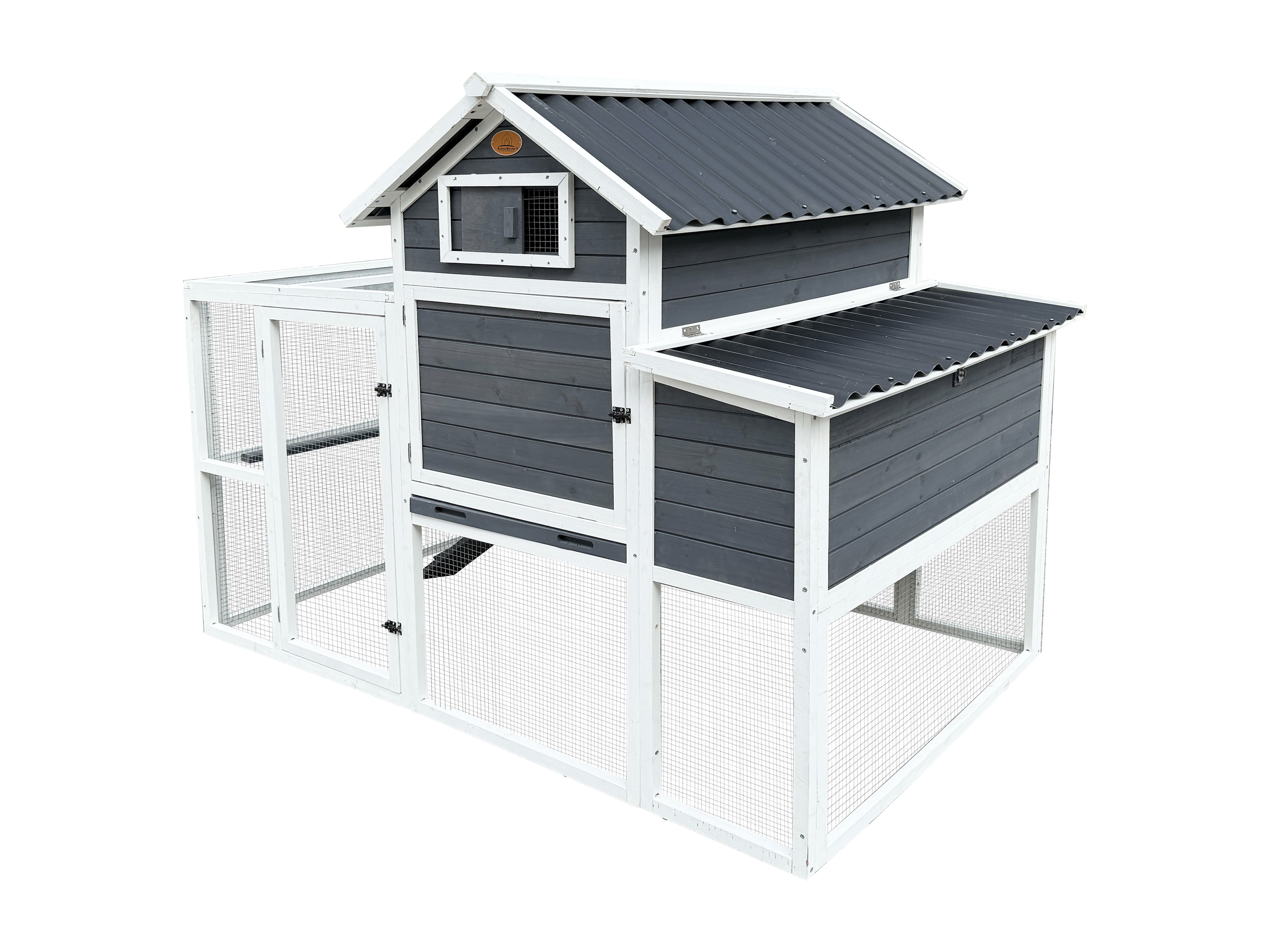 Gray and White Wooden Sloped Roof Chicken Coop with Run