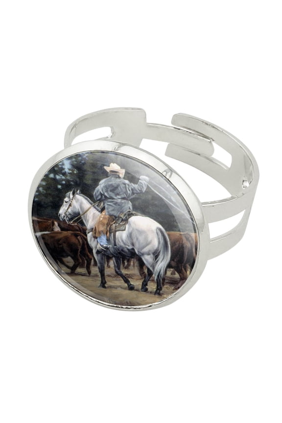 Ranch Cowboy Cattle Drive Roundup Silver Plated Adjustable Novelty Ring