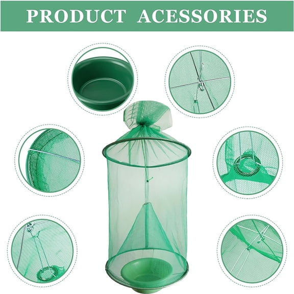 Ranch Fly Trap Outdoor Hanging Reusable with Fishing Apparatus, Food Bait Tray Catcher Cage for Indoor or Outdoor Family Farms, Park