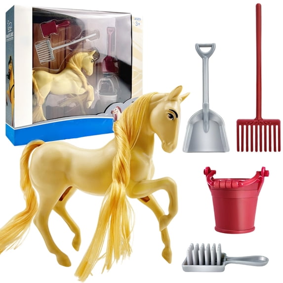 Ranch Horse Toy Set with Comb for Kids, Simulation Grooming Pet Playset with 4 Tools, Preschool Learning Toy for Girls Boys Ages 3+(Yellow)