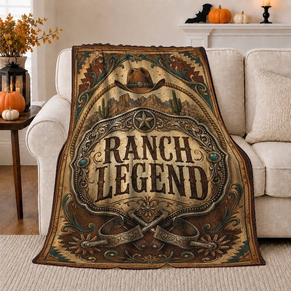 Ranch Legend Buckle Western Desert Landscape, Peaceful Mountain Lake Scene, Warm Flannel Blanket for Cabin and Lodge, Outdoor Lovers person's Day Gift, Artistic Home Decor