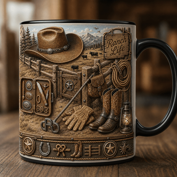 Ranch Life Ceramic Coffee Mugs Cowboy Hat Cattle Fence Western Gift for Ranchers 11 oz 15 oz