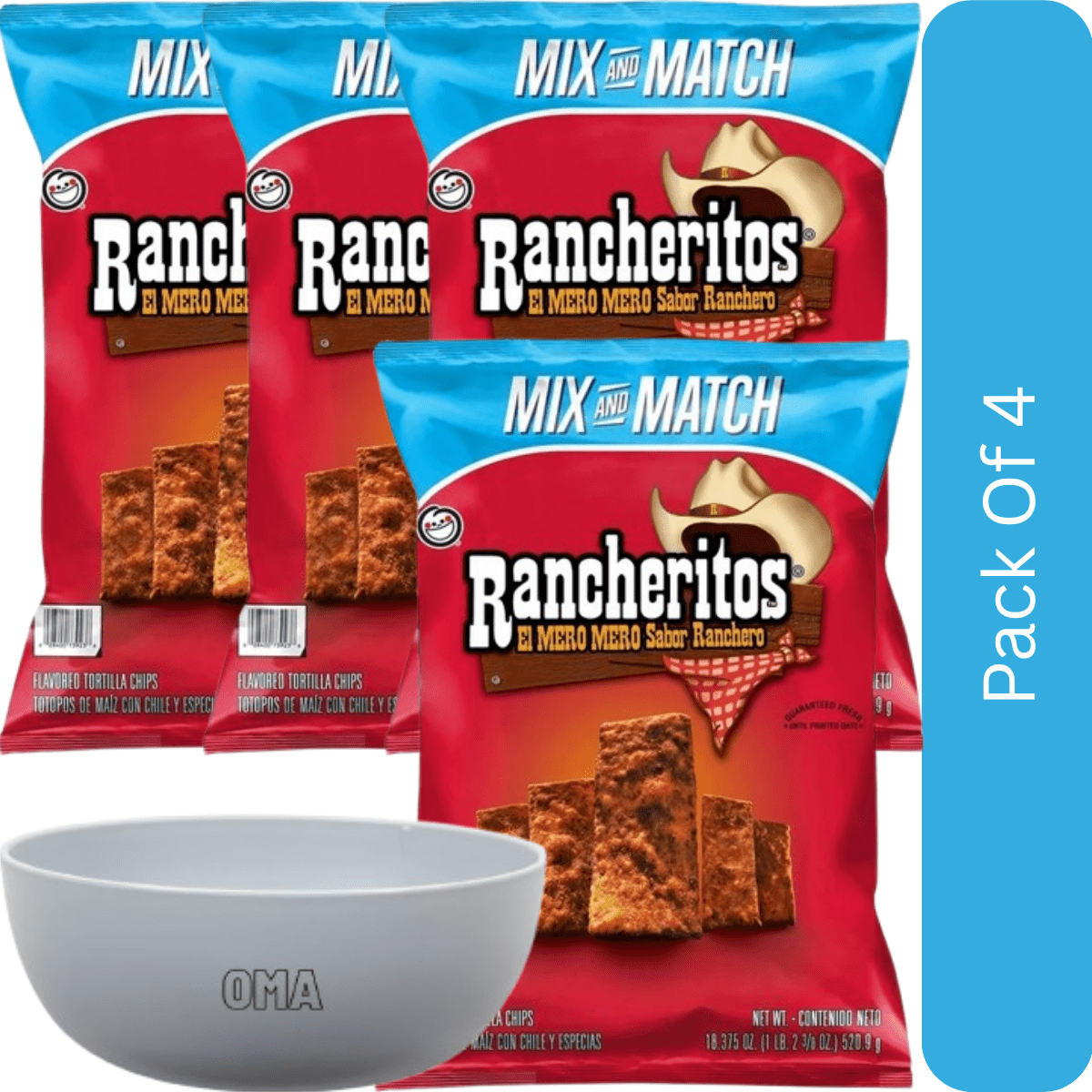 Rancheritos El Mero Sabor Ranchero Flavored Tortilla Chips — 18.37 oz-4pk, With Olive White Bowl By OMA