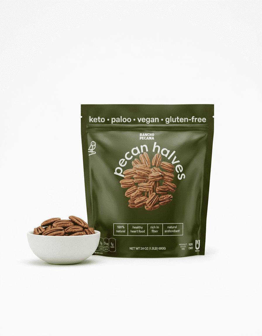 Rancho Pecana Premium Natural Pecan Halves 1.5 LB (24 Oz), Crispy Naturally Gluten-Free Pecan Nuts, Non-GMO, Grain-Free and Naturally Heart Healthy Pecans, Carefully Shelled