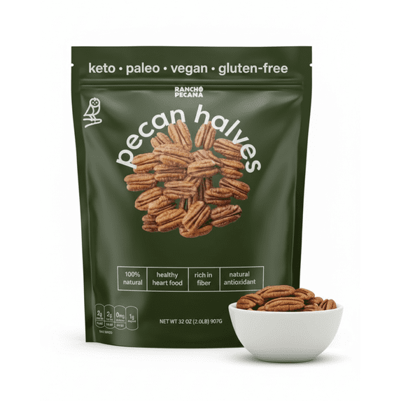 Rancho Pecana Premium Natural Pecan Halves 2 LB (32Oz), Non-GMO, Gluten-Free, Heart Healthy, Freshly Packed for Maximum Flavor and Crunch