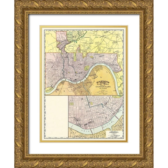 Rand McNally 11x14 Gold Ornate Wood Framed with Double Matting Museum Art Print Titled - Cincinatti Ohio - Rand McNally 1897