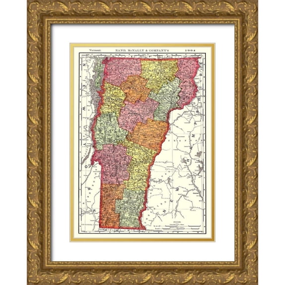 Rand McNally 11x14 Gold Ornate Wood Framed with Double Matting Museum Art Print Titled - Vermont - Rand McNally 1904