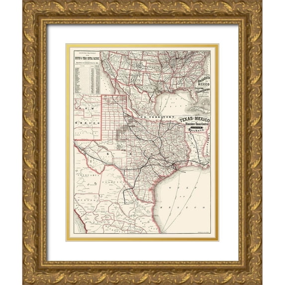 Rand McNally 12x14 Gold Ornate Wood Framed with Double Matting Museum Art Print Titled - Houston and Texas Central Railways 1880
