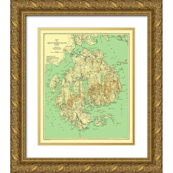Rand McNally 12x14 Gold Ornate Wood Framed with Double Matting Museum Art Print Titled - Mount Desert Island Maine - Rand McNally 1893