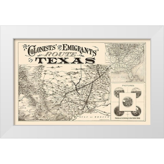Rand McNally 14x10 White Modern Wood Framed Museum Art Print Titled - Texas Colonists and Emigrants Route 1878