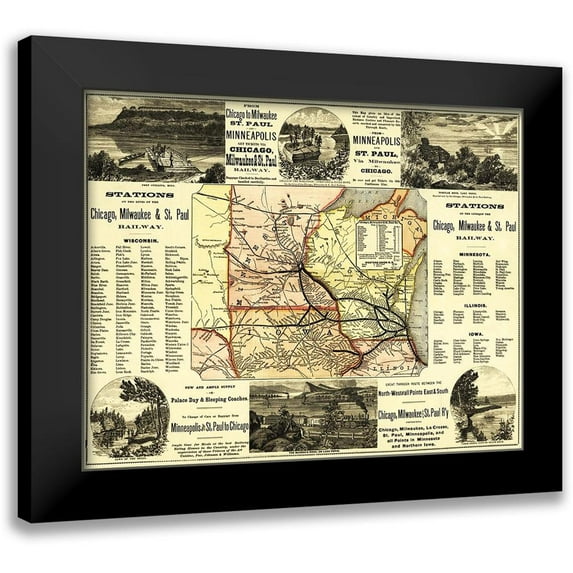 Rand McNally 14x12 Black Modern Framed Museum Art Print Titled - Chicago, Milwaukee and St Paul Railroad - 1874