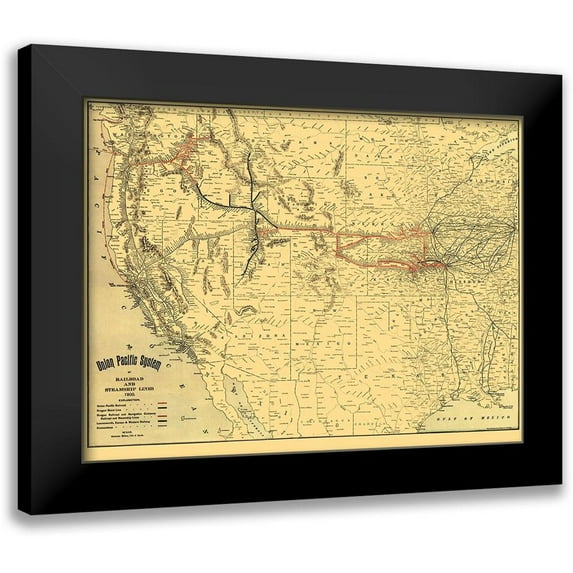 Rand McNally 14x12 Black Modern Framed Museum Art Print Titled - Union Pacific Railroad and Steamship Lines 1900