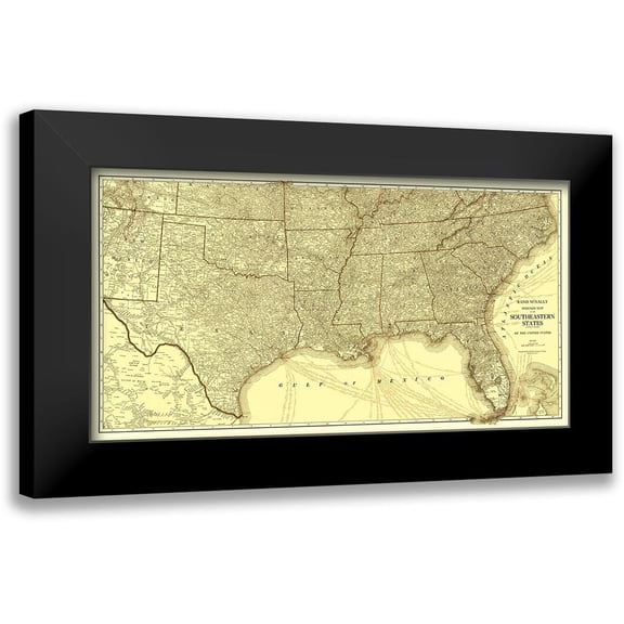 Rand McNally 14x9 Black Modern Framed Museum Art Print Titled - Southeastern States Roads - Rand McNally 1923