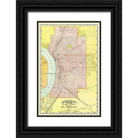 Rand McNally 17x24 Black Ornate Wood Framed with Double Matting Museum Art Print Titled - St. Joseph Missouri - Rand McNally 1892