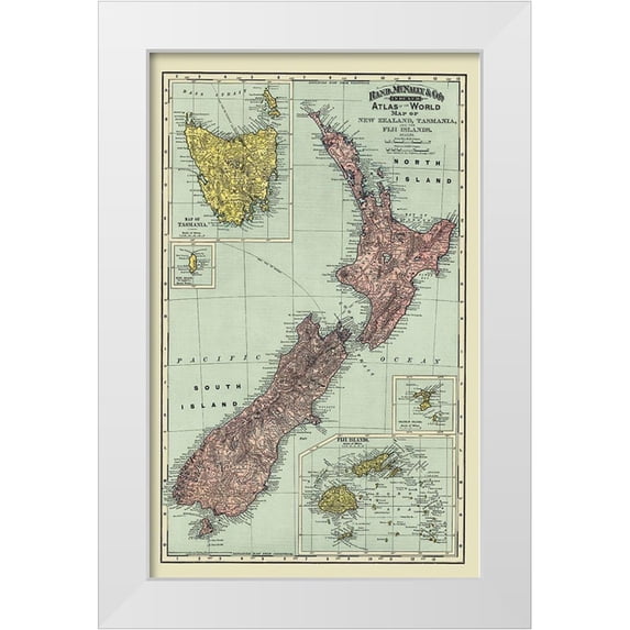 Rand McNally 17x24 White Modern Wood Framed Museum Art Print Titled - Tasmania Fiji Oceania New Zealand Australia