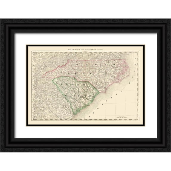 Rand McNally 18x13 Black Ornate Wood Framed with Double Matting Museum Art Print Titled - North Carolina, South Carolina - Rand McNally 1879