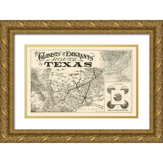 Rand McNally 18x13 Gold Ornate Wood Framed with Double Matting Museum Art Print Titled - Texas Colonists and Emigrants Route 1878