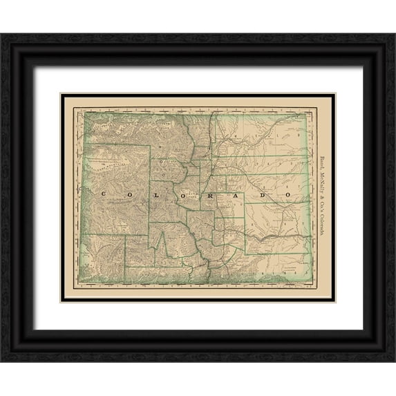 Rand McNally 18x14 Black Ornate Wood Framed with Double Matting Museum Art Print Titled - Colorado - Rand McNally 1879