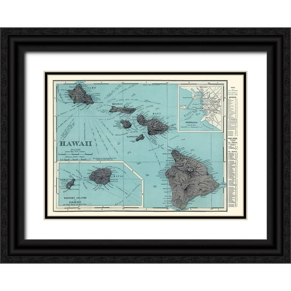 Rand McNally 18x14 Black Ornate Wood Framed with Double Matting Museum Art Print Titled - Hawaii - Rand McNally 1902