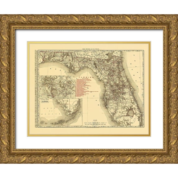 Rand McNally 18x15 Gold Ornate Wood Framed with Double Matting Museum Art Print Titled - Florida - Rand McNally 1900