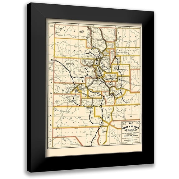 Rand McNally 19x24 Black Modern Framed Museum Art Print Titled - Denver and Rio Grande Railway - Rand McNally 1872
