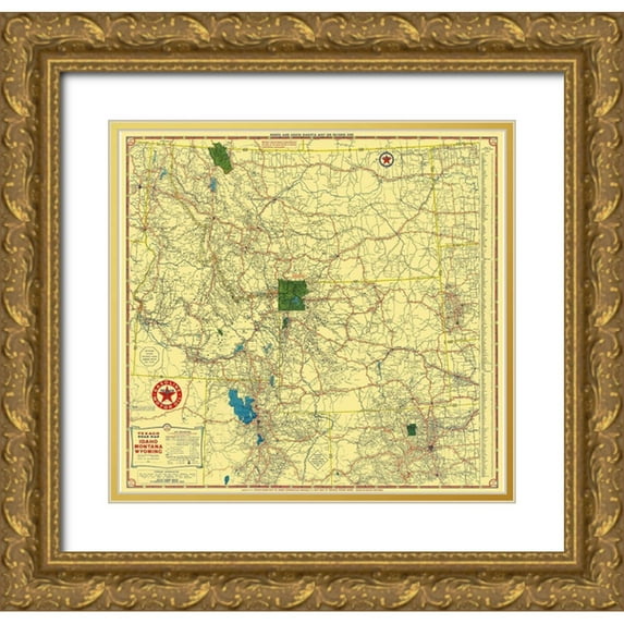 Rand McNally 21x20 Gold Ornate Wood Framed with Double Matting Museum Art Print Titled - Texaco - Idaho, Montana, Wyoming - Rand McNally