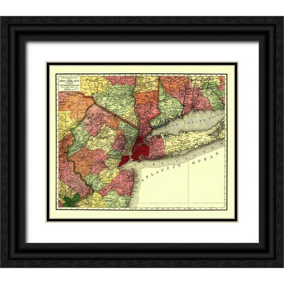 Rand McNally 23x20 Black Ornate Wood Framed with Double Matting Museum Art Print Titled - New York City Railroads - Rand McNally 1908