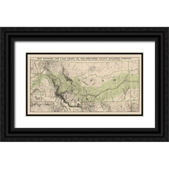 Rand McNally 24x14 Black Ornate Wood Framed with Double Matting Museum Art Print Titled - Northern Pacific Railroad Land Grants 1890