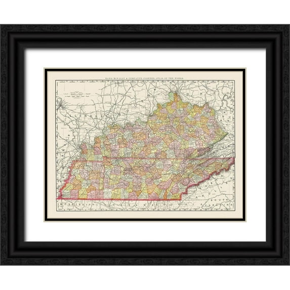 Rand McNally 24x19 Black Ornate Wood Framed with Double Matting Museum Art Print Titled - Kentucky, Tennessee Counties - Rand McNally 1897