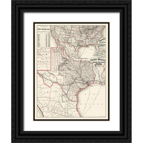 Rand McNally 25x32 Black Ornate Wood Framed with Double Matting Museum Art Print Titled - Houston and Texas Central Railways 1880