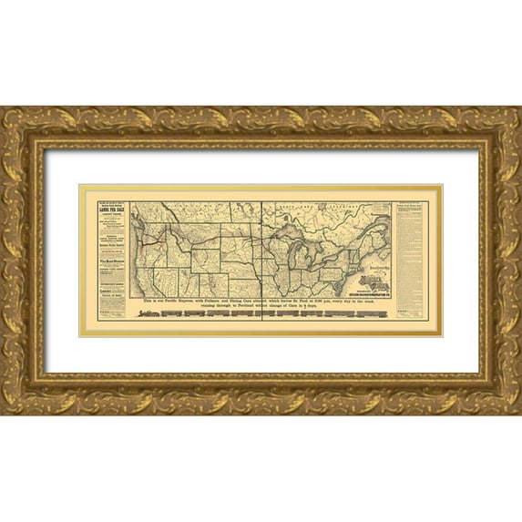 Rand McNally 32x15 Gold Ornate Wood Framed with Double Matting Museum Art Print Titled - Northern Pacific Railroad - Rand McNally 1883