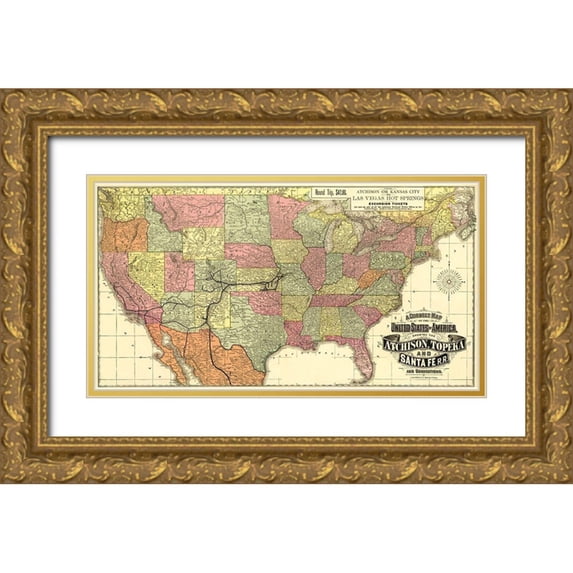 Rand McNally 32x19 Gold Ornate Wood Framed with Double Matting Museum Art Print Titled - Atchison, Topeka and Santa Fe Railroad 1888