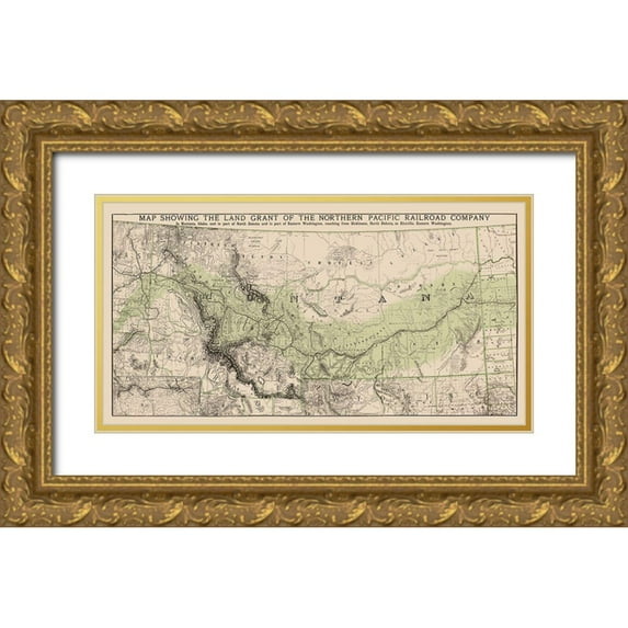 Rand McNally 32x19 Gold Ornate Wood Framed with Double Matting Museum Art Print Titled - Northern Pacific Railroad Land Grants 1890