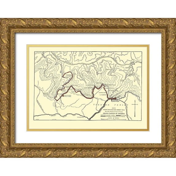 Rand McNally 32x23 Gold Ornate Wood Framed with Double Matting Museum Art Print Titled - Hermit Rim Road, Trail Grand Canyon 1915