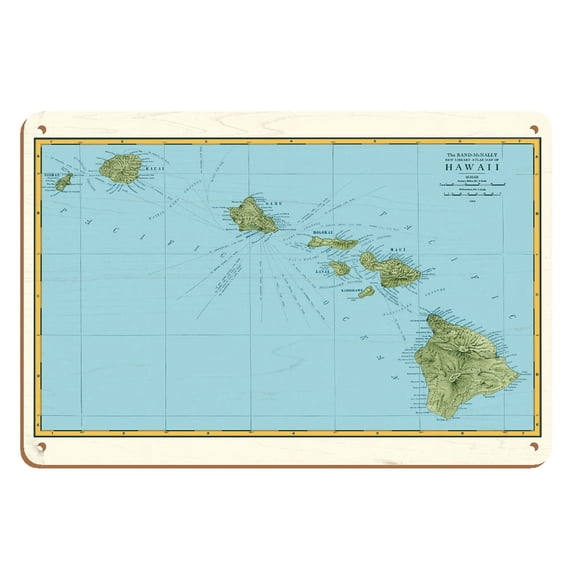 Rand McNally Atlas Map of Hawaii - Vintage Hawaiian Colored Cartographic Map c.1898 - 8 x 12 inch Vintage Wood Art Sign