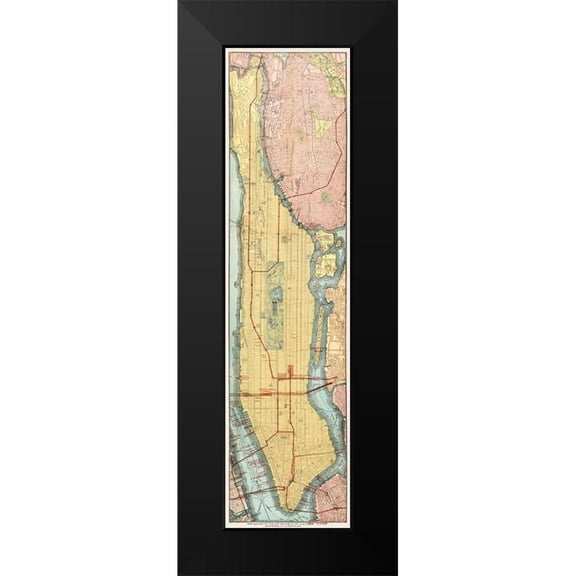 Rand McNally and Company 7x14 Black Modern Framed Museum Art Print Titled - Rapid transit map of Manhattan and adjacent districts of New York City 1908
