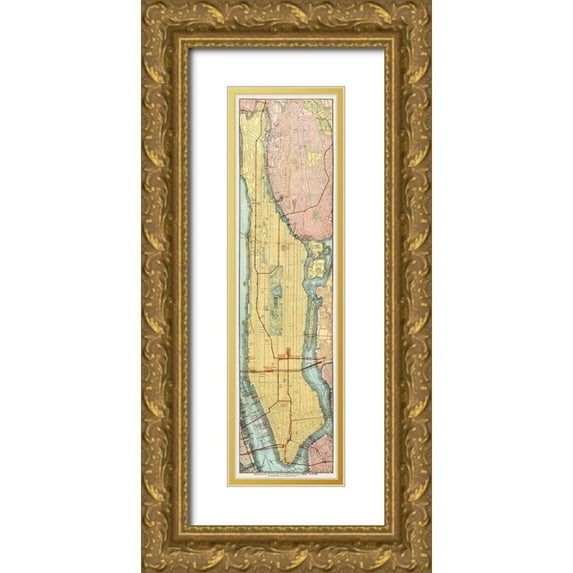Rand McNally and Company 9x24 Gold Ornate Wood Framed with Double Matting Museum Art Print Titled - Rapid transit map of Manhattan and adjacent districts of New York City 1908