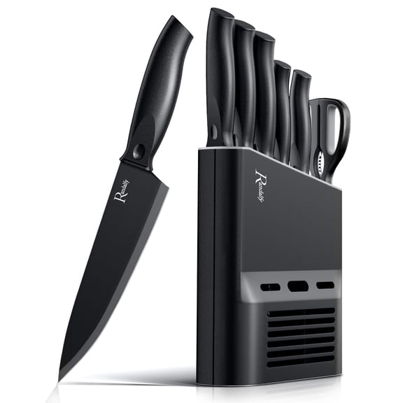 Randalfy 6-Piece Stainless Steel Knife Set - Kitchen Knives Set with Block, Anti-Rust & Dishwasher Safe (Black)