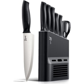 Randalfy 6-Piece Stainless Steel Knife Set with Block - Kitchen Cutlery with Ergonomic Handles, Rust-Resistant & Durable Construction (Silver)