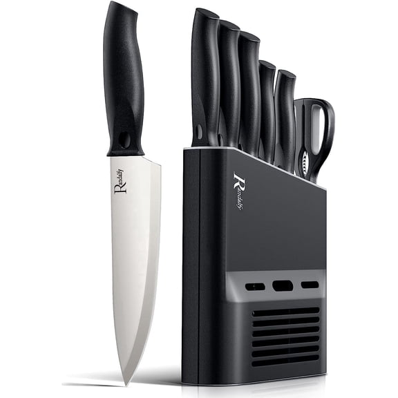Randalfy 6-Piece Stainless Steel Knife Set with Block - Kitchen Cutlery with Ergonomic Handles, Rust-Resistant & Durable Construction (Silver)