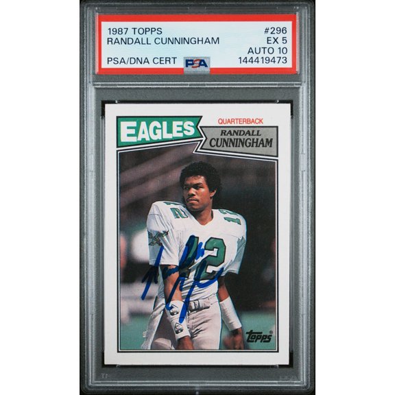 Randall Cunningham 1987 Topps Philadelphia Eagles Signed Football RC Rookie Card #296 Graded PSA 5 Auto 10 Cert #144419473