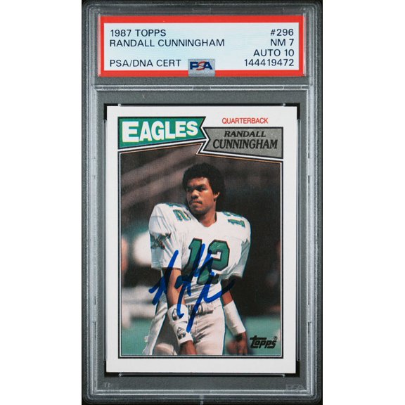 Randall Cunningham 1987 Topps Philadelphia Eagles Signed Football RC Rookie Card #296 Graded PSA 7 Auto 10 Cert #144419472