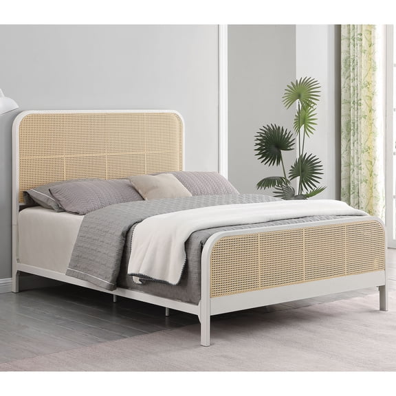 Randall White Metal Queen Bed Frame with Open Cane Weaving Headboard & Footboard - Coastal Island Charm, Durable Powder-Coated Finish, 62.25"W x 84.5"L - Perfect for Bedroom