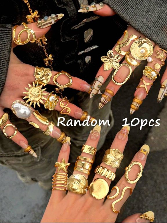 Random 10 Items Random 10 Pcs Gold Tone Vintage Stackable Rings Set Chunky